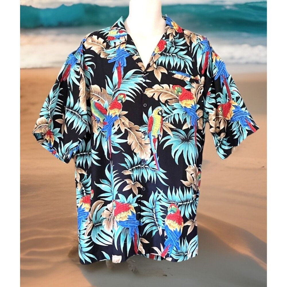 Pacific & Co Mens Multicolor Hawaiian Floral Parrot Macaw Button Up Shirt Sz L